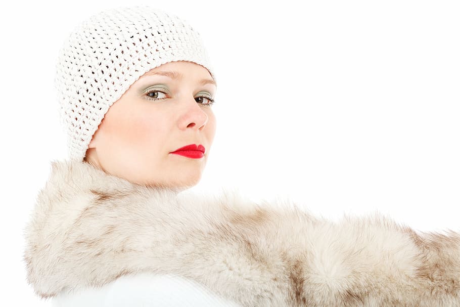 woman in white knit cap wearing red lipstick, beauty, cold HD wallpaper