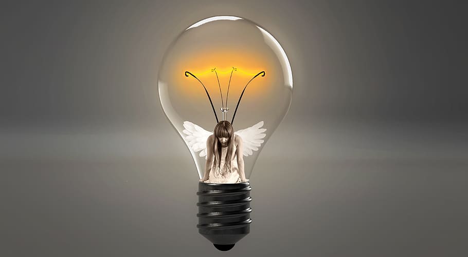 girl with wings inside light bulb illustration, glowworm, composing