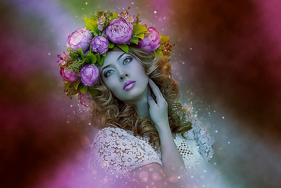 woman wearing purple peony flower crown, young, beautiful, female, HD wallpaper