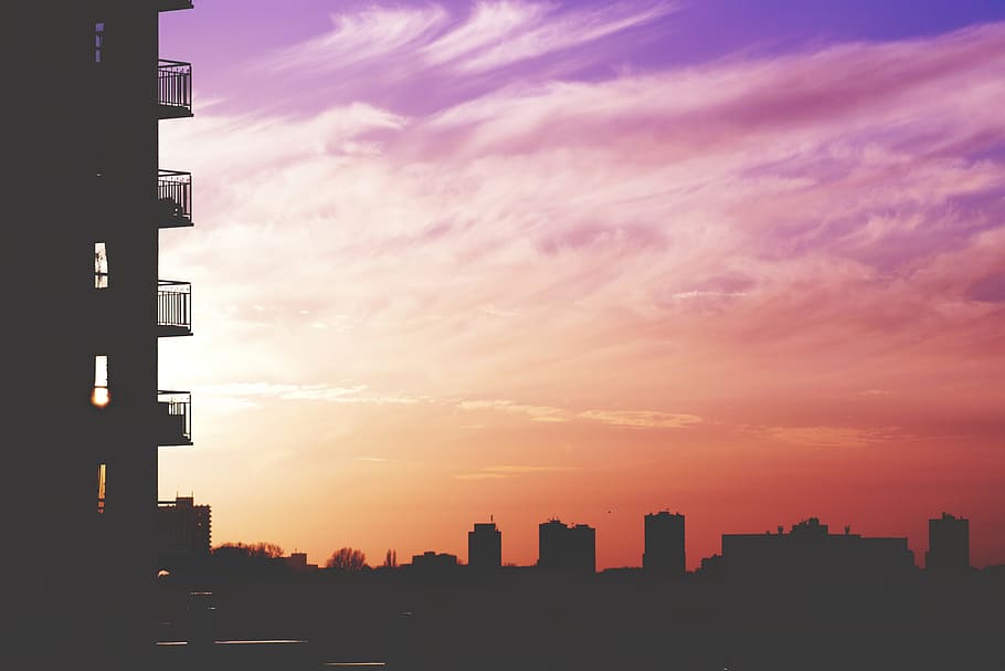 architecture, building, infrastructure, sunset, silhouette HD wallpaper