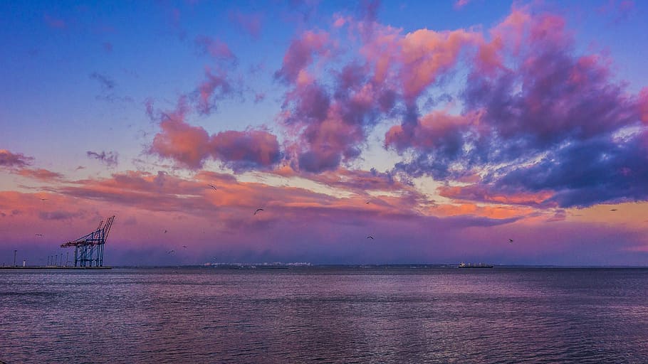 Hd Wallpaper Odessa Port Evening Cranes Clouds Sunset Water Sky Sea Wallpaper Flare