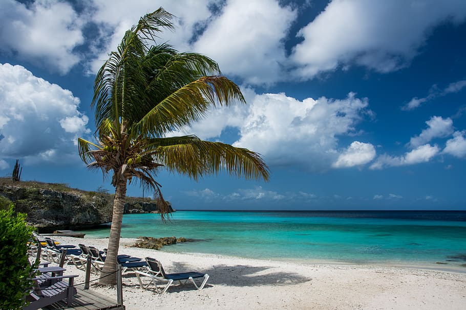 sea, sky, beach, holiday, clouds, cloudy, curacao, loungers, ocean HD wallpaper
