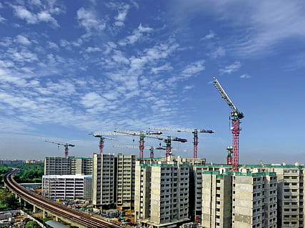 red and white crane, building, sky, blue, singapore, housing HD wallpaper