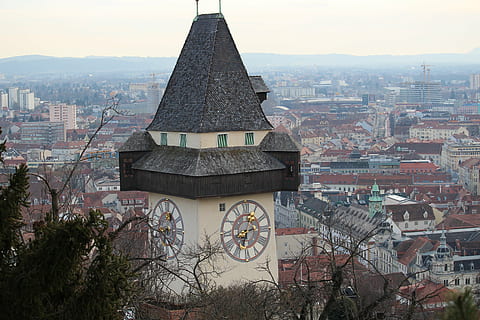 white and black tower, graz, styria, clock tower, landmark HD wallpaper