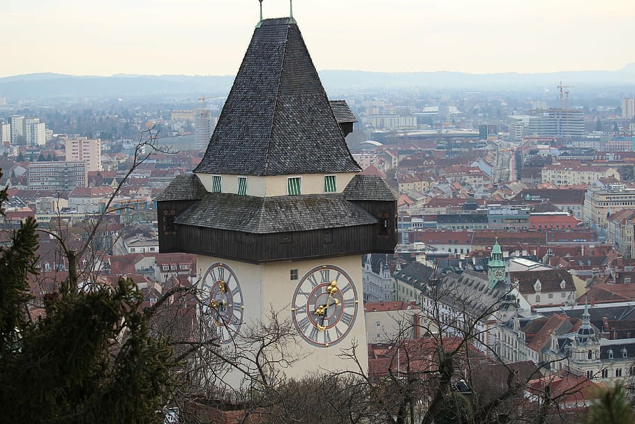 white and black tower, graz, styria, clock tower, landmark HD wallpaper