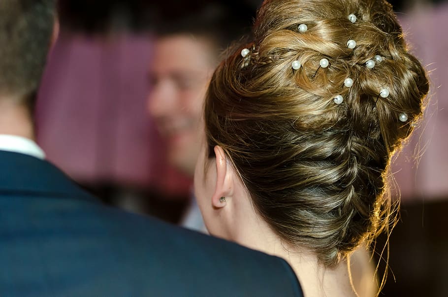 woman standing near man, wedding, updo, bun, blond, bride and groom HD wallpaper