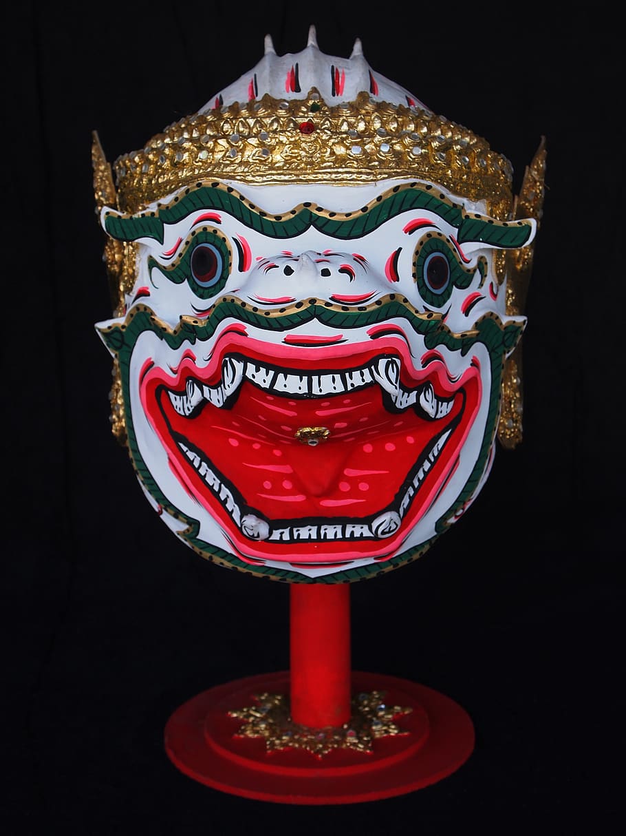 decoration, ornate, gold, hanuman, mask, thai, red, no people, HD wallpaper