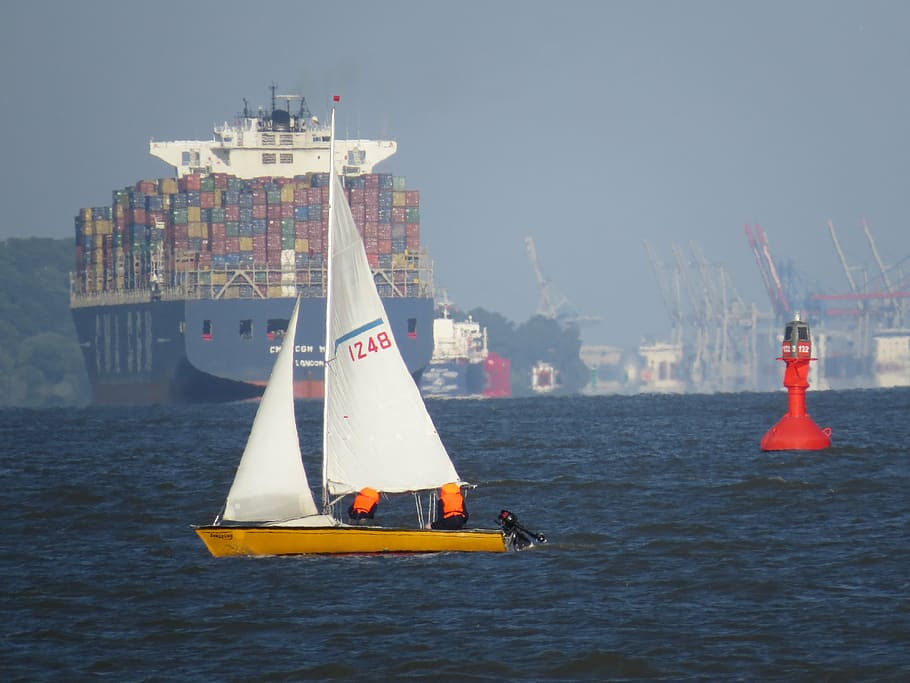ship, container, elbe, seafaring, port, container ship, shipping HD wallpaper