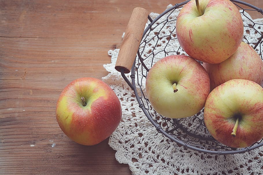 four apples on black mesh bowl, basket, fruit, healthy, food, HD wallpaper