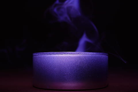 glass container with smoke, violet, dark, night, light, candle HD wallpaper