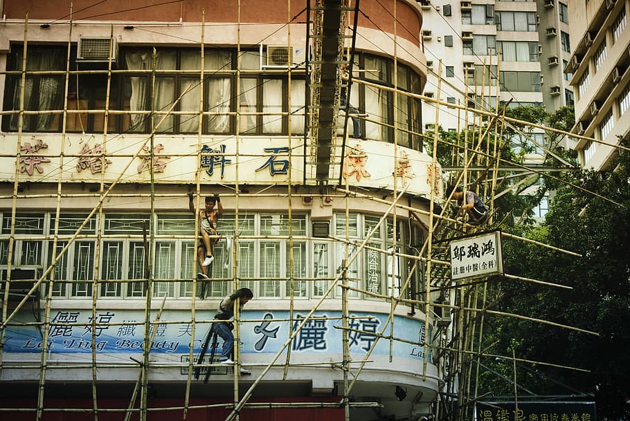 brown wooden frame, person on scaffolding, building, architecture HD wallpaper