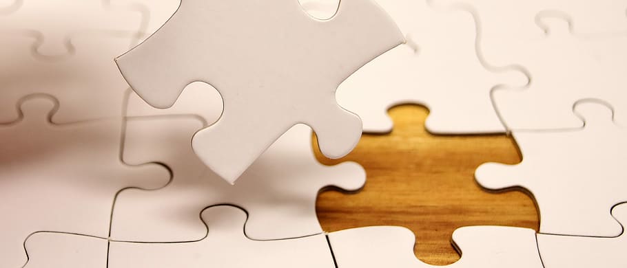 white jigsaw puzzle, last part, joining together, insert, share