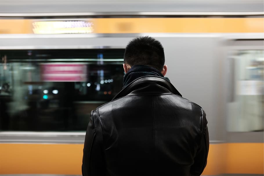 subway, train, transportation, guy, man, leather jacket, rear view HD wallpaper