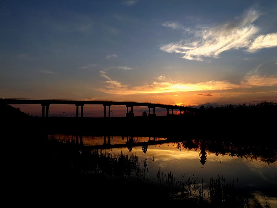 Sunset, Bridge, Water, Reflection, red, in the evening, bridge - man made structure HD wallpaper