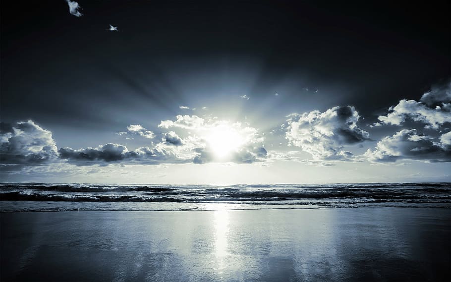 landscape grayscale photo of body of water, beach, light, nature HD wallpaper
