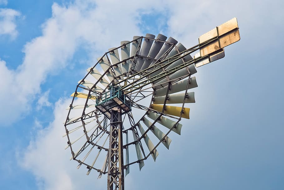 pinwheel, wind, wind energy, sky, blue, metal, wind power, current HD wallpaper