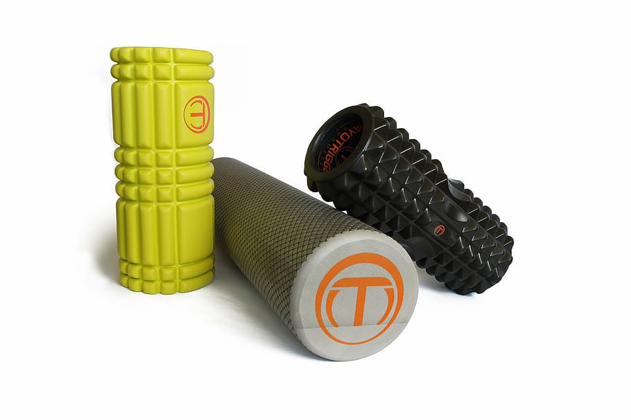 three assorted-color roll exercise equipments, workout, yoga HD wallpaper