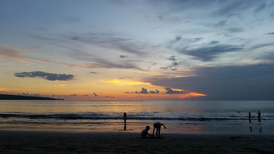 sunset, beach, shadows, indonesia, sea, water, sky, land, cloud - sky HD wallpaper