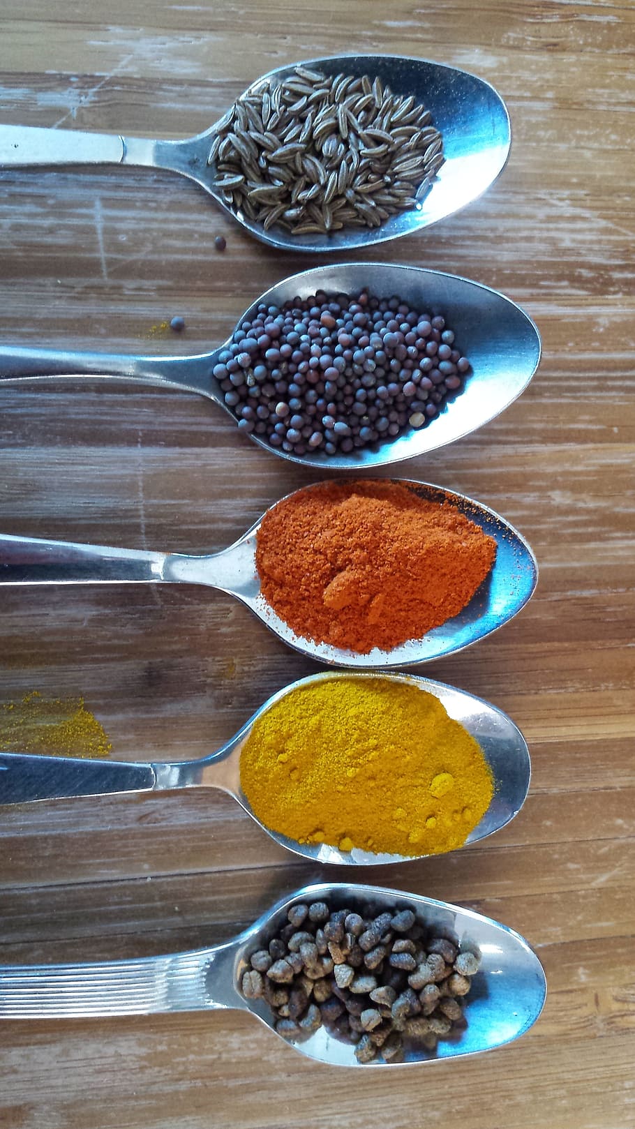 five gray steel spoons filled with condiments, Spices, India, HD wallpaper