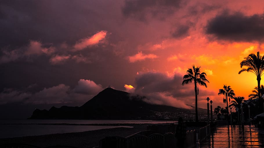 spain, beach, sea, ocean, sunset, mountains, coast, nature HD wallpaper