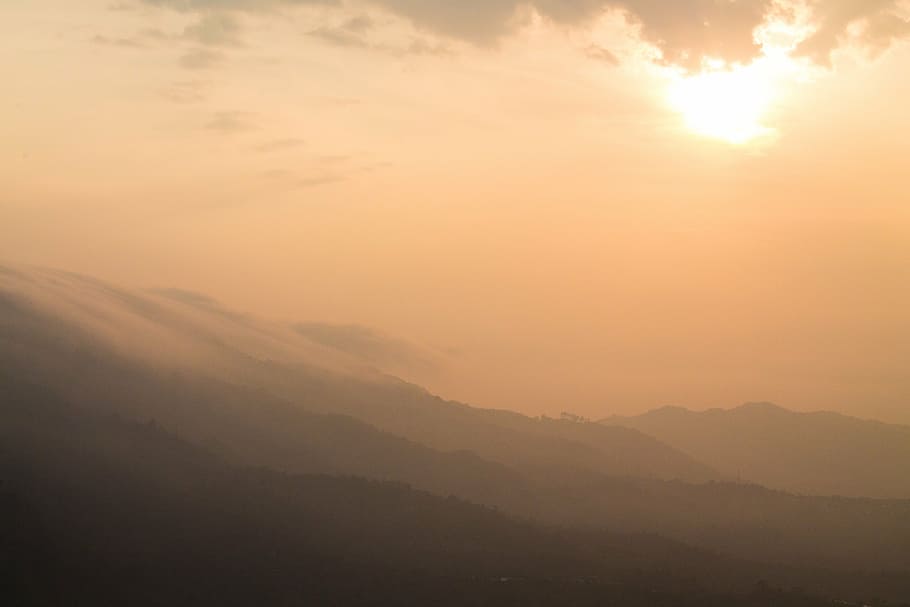 landscape photography of mountains, sun, sunset, alba, dog HD wallpaper