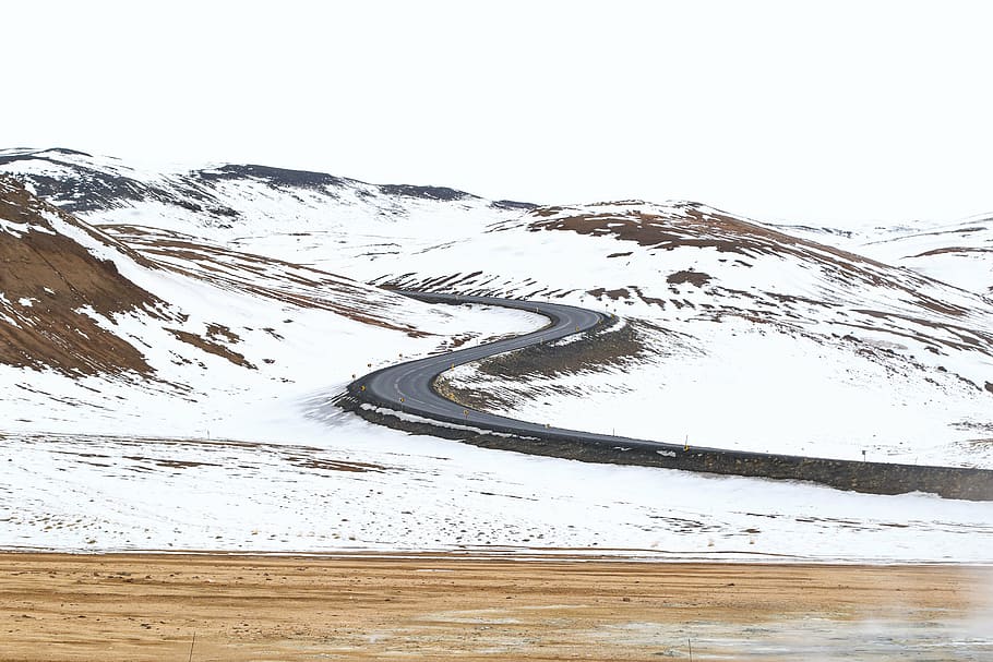 curved road on a snow-covered hill, mountain, highland, cloud HD wallpaper