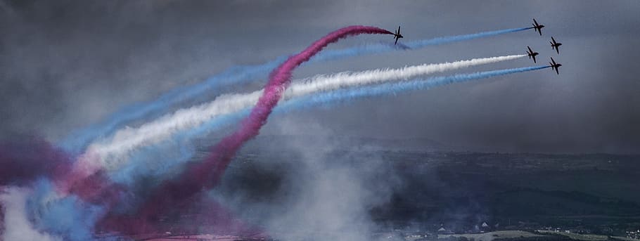 planes with colored smokes flying, arrows, raf, jet, air, show HD wallpaper