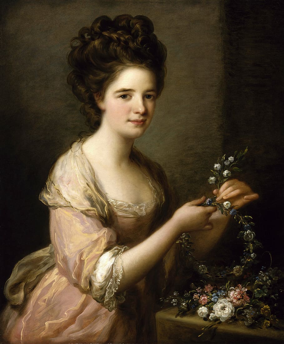 woman holding wreath painting, angelica kauffmann, art, oil on canvas