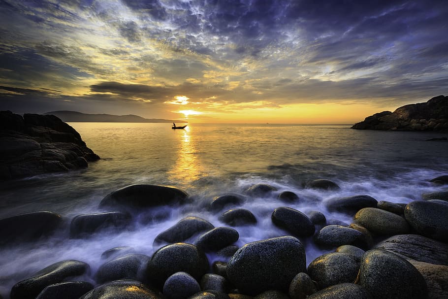 boat on body of water near stones, dawn, sunset, the beach HD wallpaper