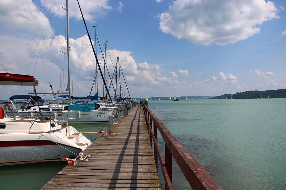 pier, ship, sailing, plot, lake balaton, waterfront, cloud HD wallpaper