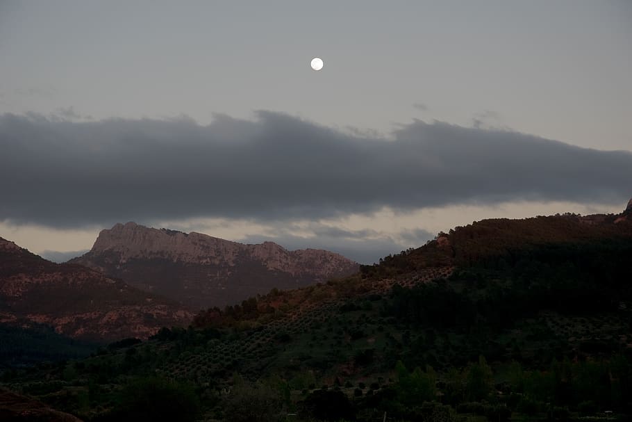 moon, sunset, mountain, beauty in nature, sky, scenics - nature HD wallpaper