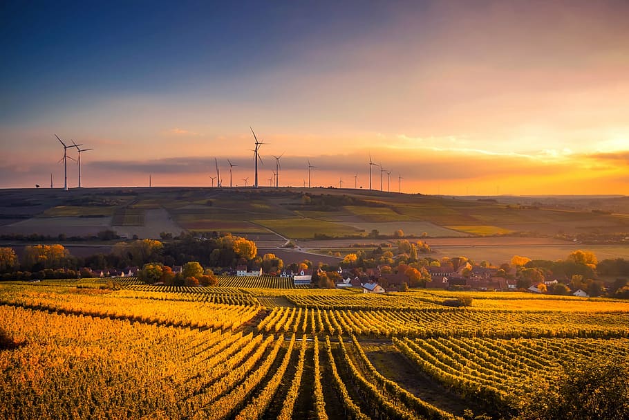 top view of farm under orange sunset, germany, dusk, sky, clouds HD wallpaper