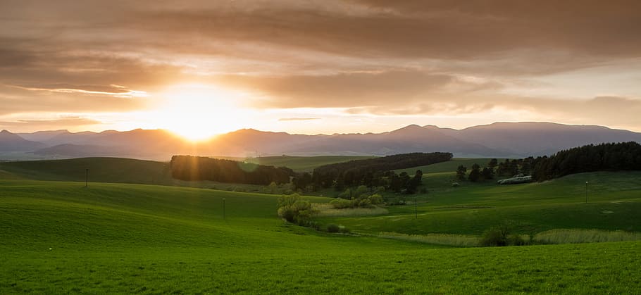 Green Grass Field during Sunset, clouds, landscape, meadow, mountains HD wallpaper