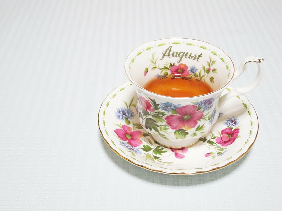 photo of pink-and-white floral teacup, tea time, august, drink HD wallpaper