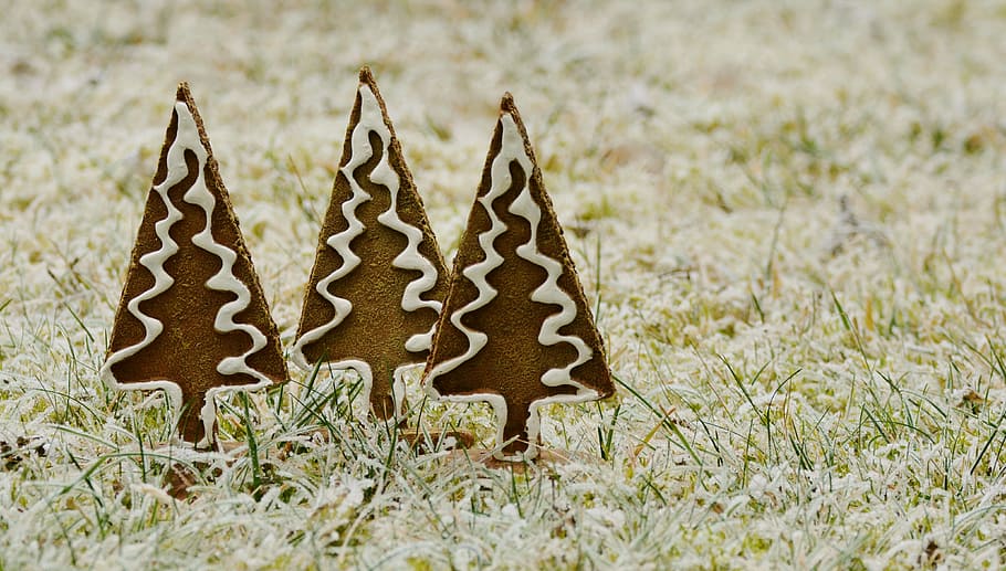 three brown-and-white Christmas tree decors, trees, gingerbread HD wallpaper