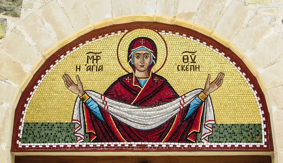 Mosaic, Virgin Mary, Cyprus, Dromolaxia, chapel, orthodox, religion, HD wallpaper