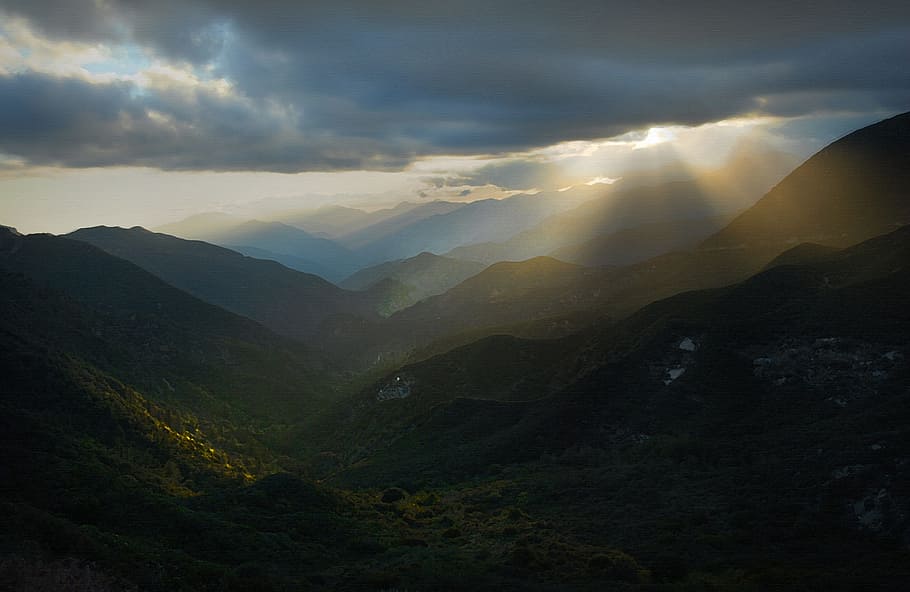 sunset, mountains, clouds, sun rays, cow canyon saddle, landscape HD wallpaper
