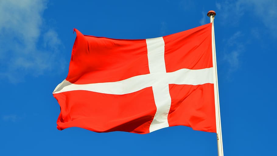 red and white flag under clear sky, denmark, danish flag, blue sky, HD wallpaper