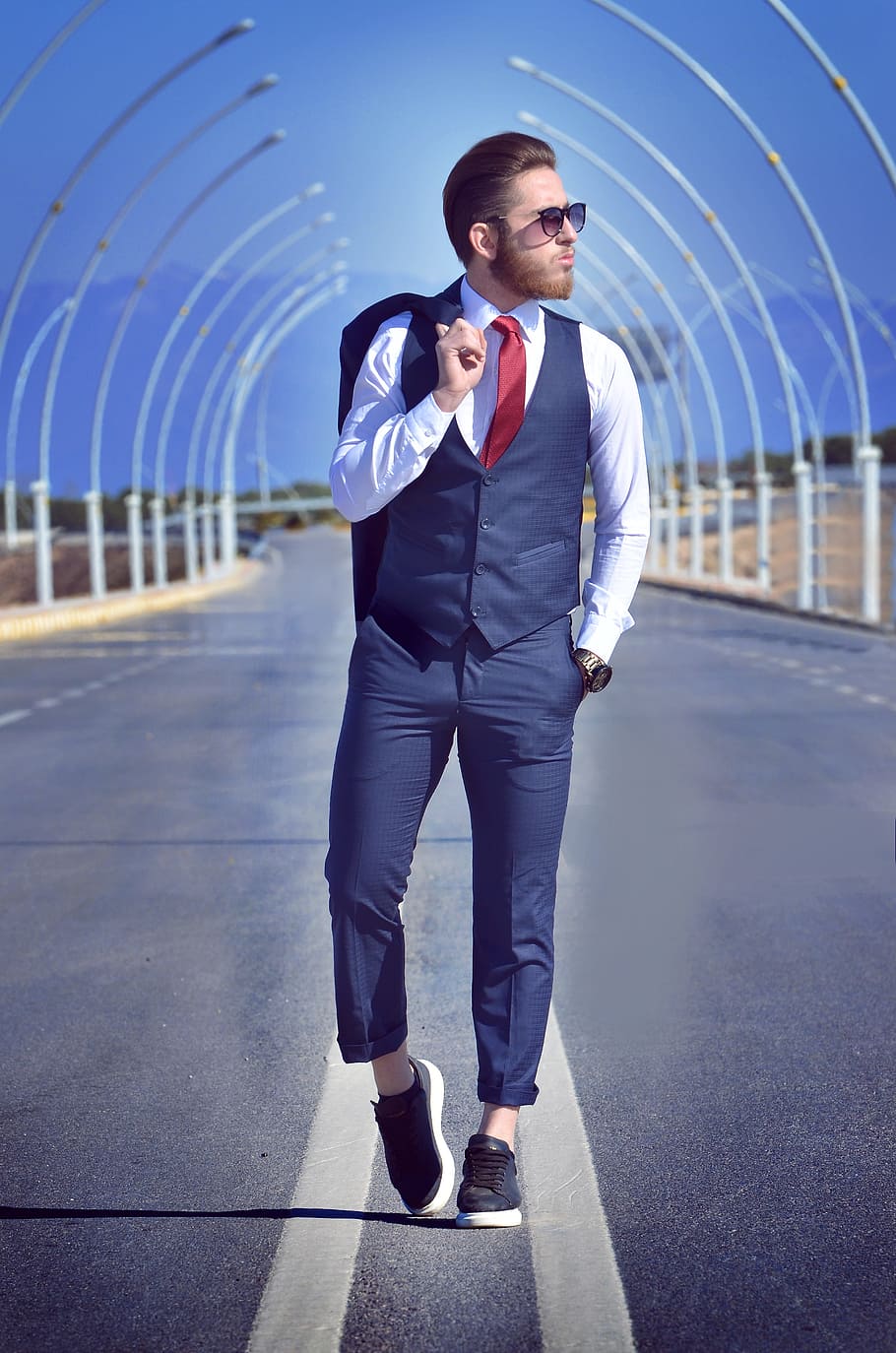 man standing on middle of road wearing dress shirt and pants, HD wallpaper