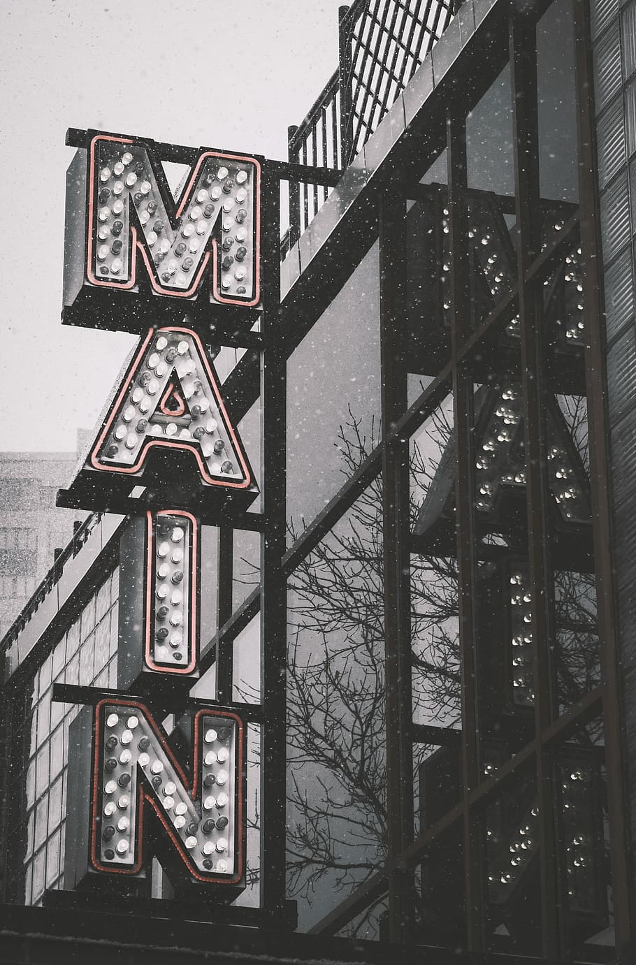gray Main LED signage, facade of main store, building, snow, window HD wallpaper