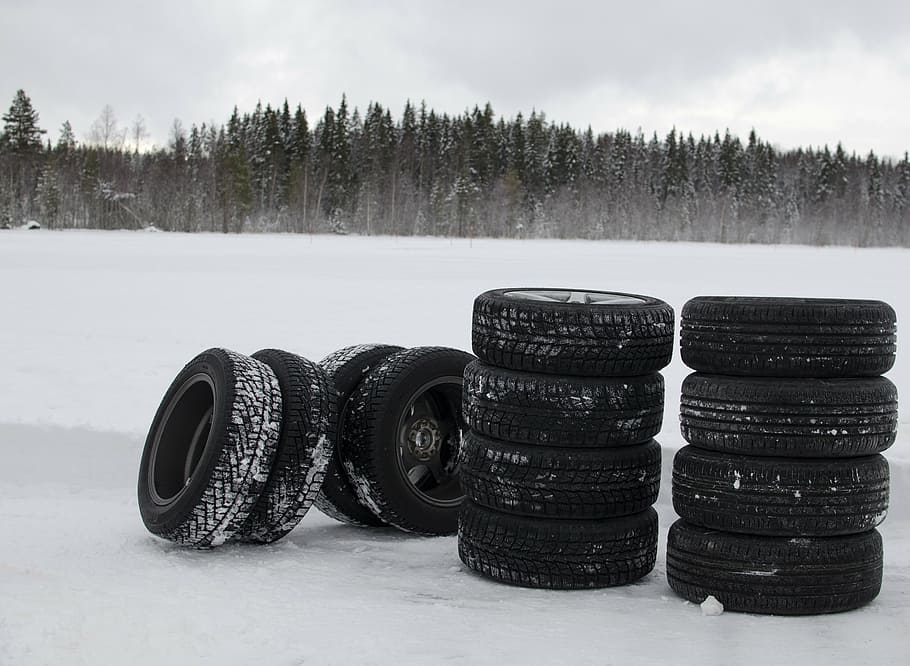 three sets of snow-weather tires on snow surface, winter tyres, HD wallpaper