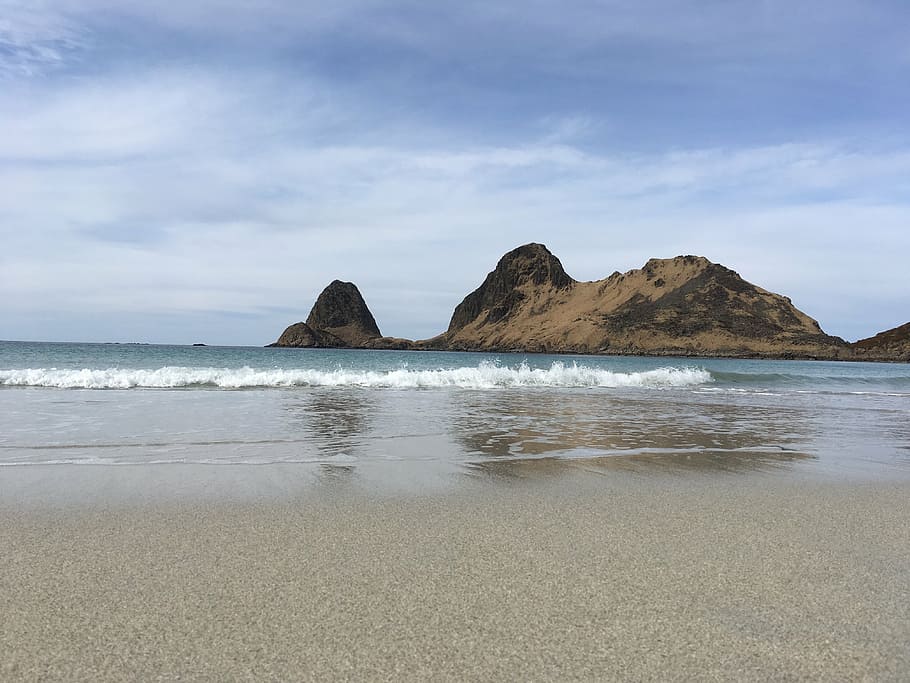 beach, sea, waves, water, landscape, sky, mountain, the nature of the HD wallpaper