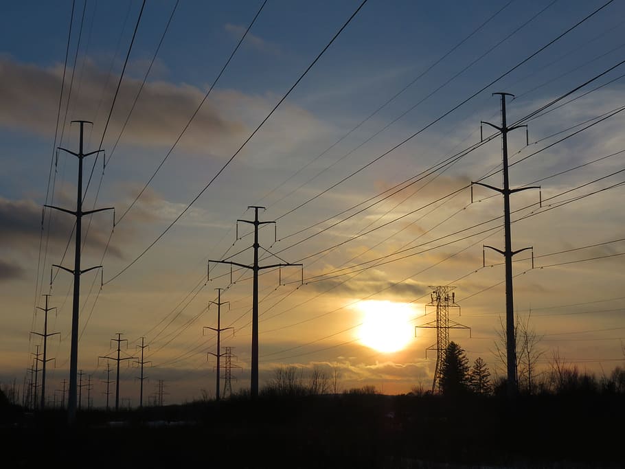 row of utility posts during golden hour, Electric, Wires, Power Lines