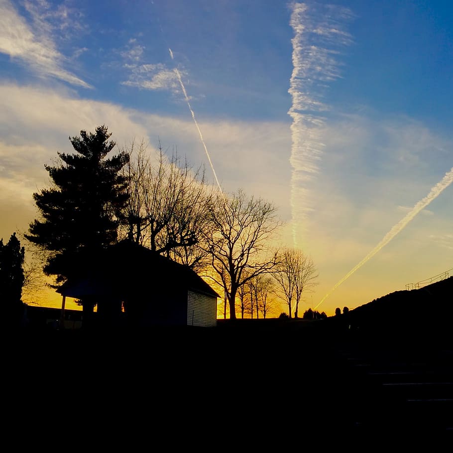 Sunset, Jet Streams, Evening, sky, silhouette, scene, landscape HD wallpaper