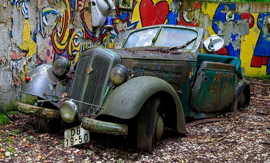 auto, car cemetery, historically, oldtimer, wreck, rusted, car wreck, HD wallpaper