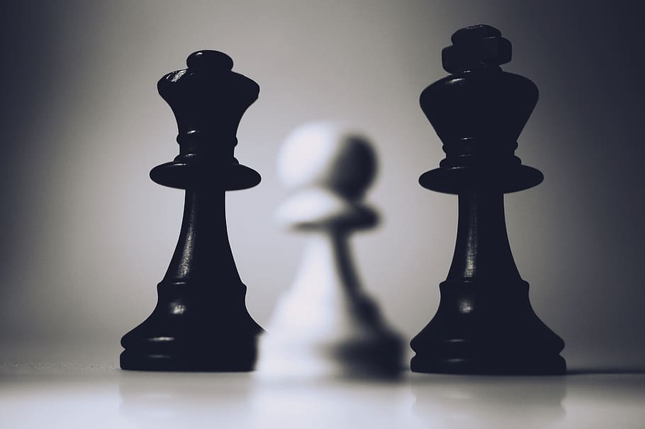 selective-focus photography of two black chess pieces beside white chess piece HD wallpaper