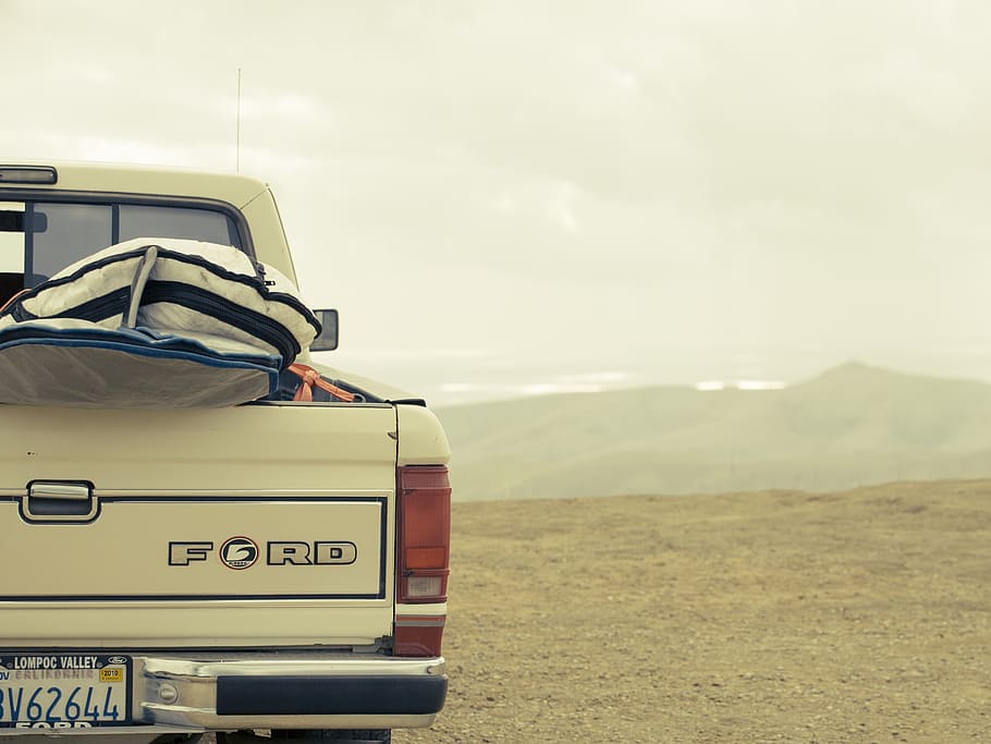 white Ford pickup truck, surf, surfing, beach, california, west coast