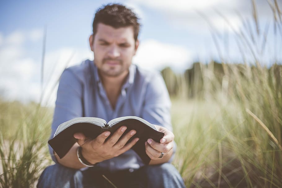 man reading book in grass field, man reading book while sitting on grass field HD wallpaper