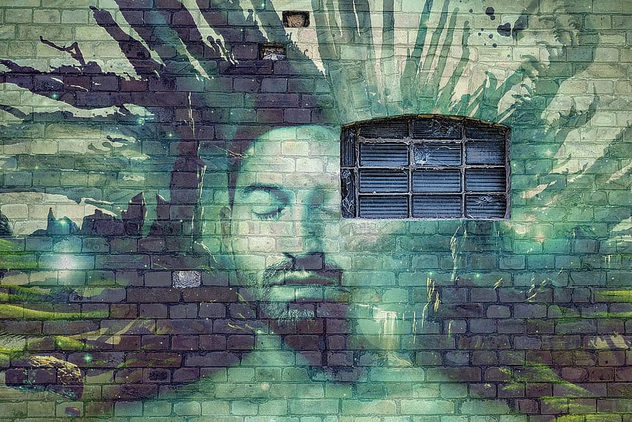 man portrait mural, wall, brick, grafitti, window, imagination