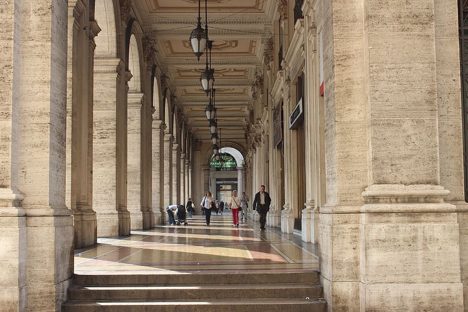 people walking on corridor, genoa, arcade, italy, city, portici, HD wallpaper